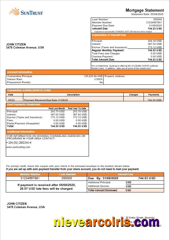 USA Suntrust bank mortgage statement